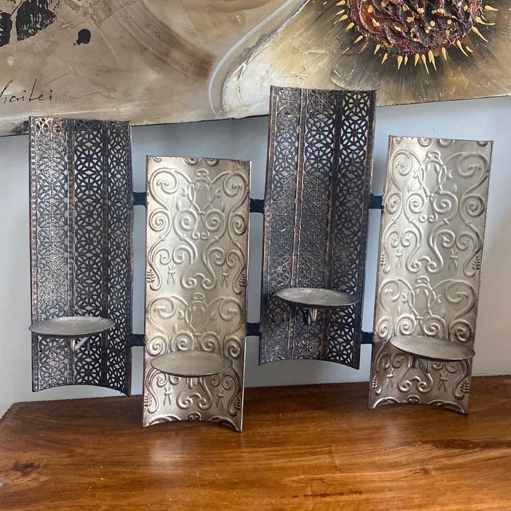 Vintage Pier 1 Metal Scroll Wall Sconce Candle Holder 4 Pillar Earth Tones